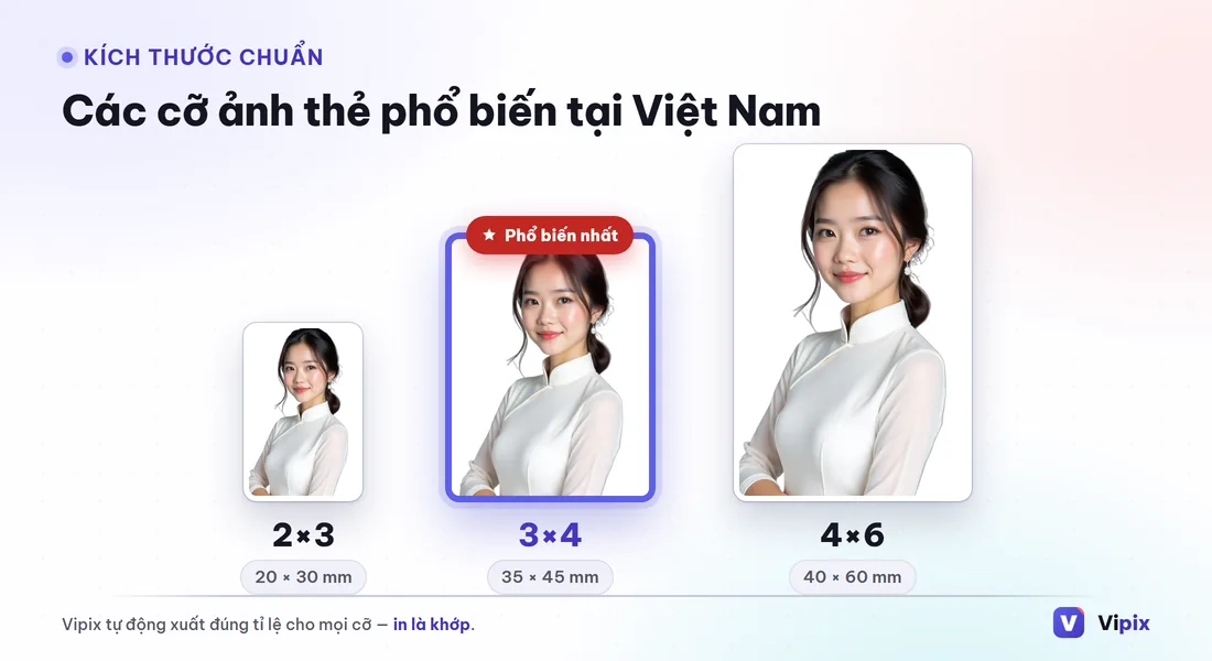 Sơ đồ bảng kích thước ảnh thẻ phổ biến tại Việt Nam gồm 3x4, 4x6 và 2x3 kèm số đo milimet