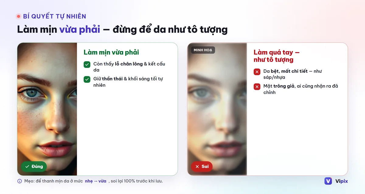 So sánh da làm mịn tự nhiên và da bị làm quá đà mất kết cấu trông như nhựa