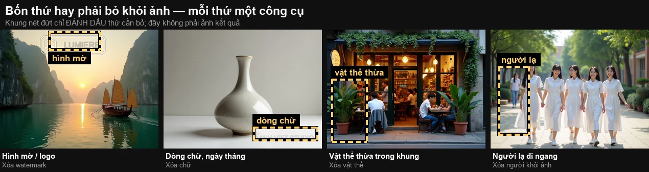 Xóa watermark, Xóa chữ hay Xóa vật thể: chọn đúng công cụ theo thứ đang nằm trên ảnh